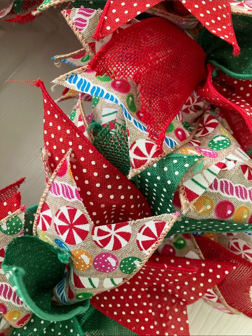 HANDMADE CHRISTMAS FARMHOUSE RIBBON RAG WREATH COTTAGECORE POLKA DOT RED GREEN